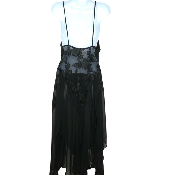 Vintage Sheer Chiffon Brocade Slip Nightgown M Black Sweeping Sheer Slit Panels - Picture 10 of 10